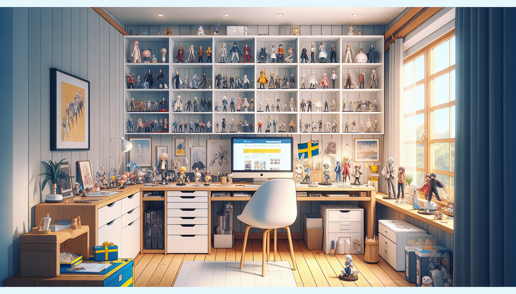 Svenskt hemmakontor med Nerdbutiken.se på skärmen och premium animefigurer i glasskåp, trygg lokal webbutik för samlarprylar