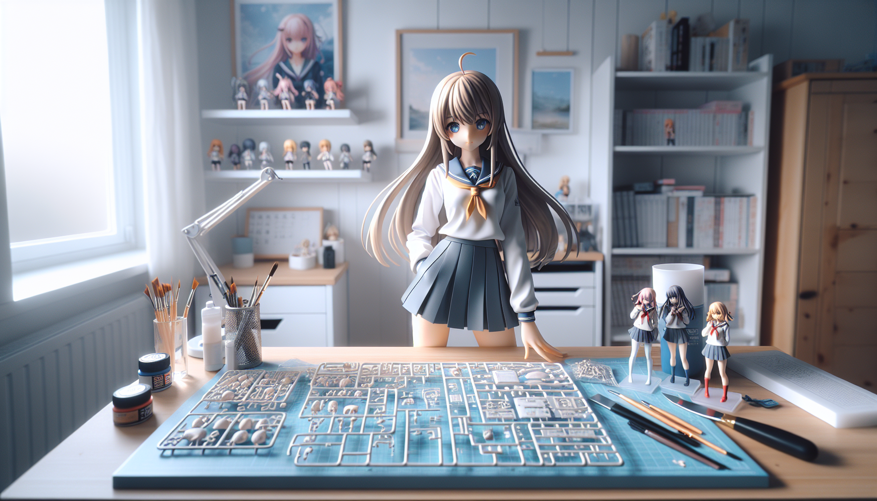 Svensk samlarhörna med Sousai Shojo Teien‑inspirerade animefigurer, modellbyggarverktyg och färdiga modeller på stilren skrivbordsyta