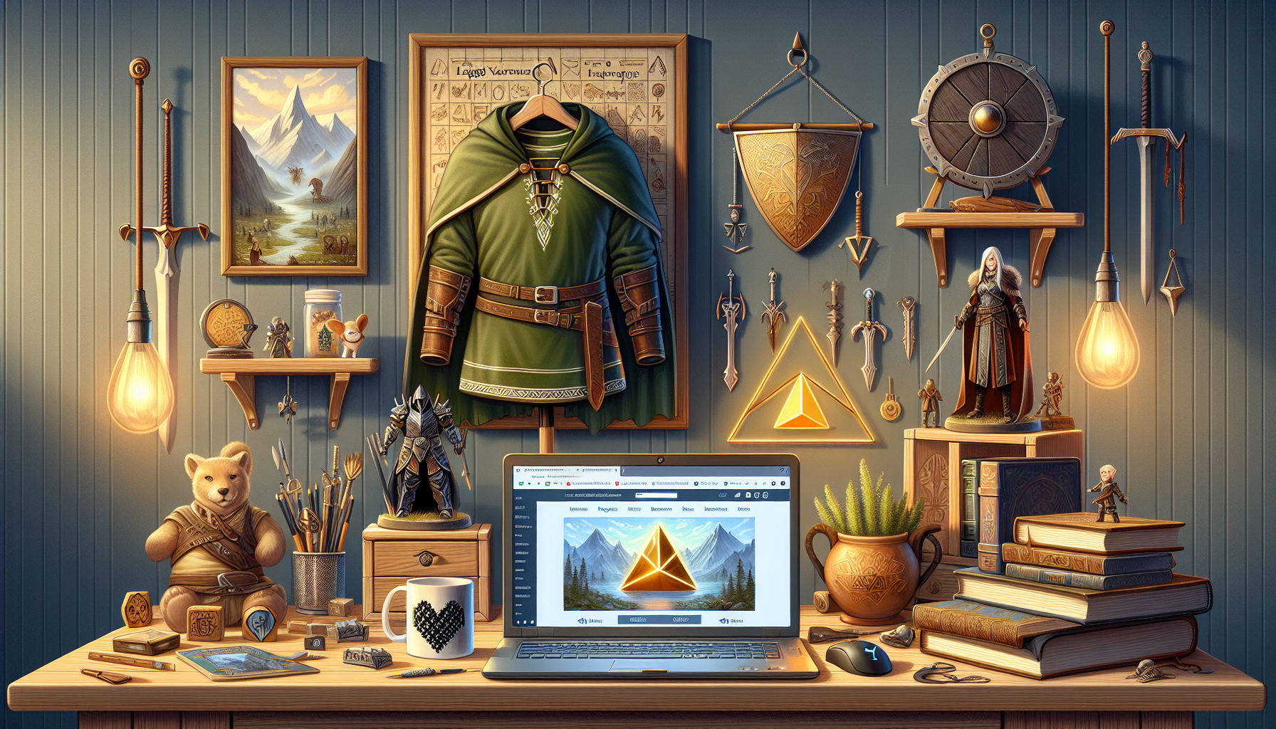 Bred bloggheader: skandinavisk skrivbordsmiljö med fantasy‑merch, alvlika figurer och svensk ehandelssajt “Nördshop – Lägg i varukorg”