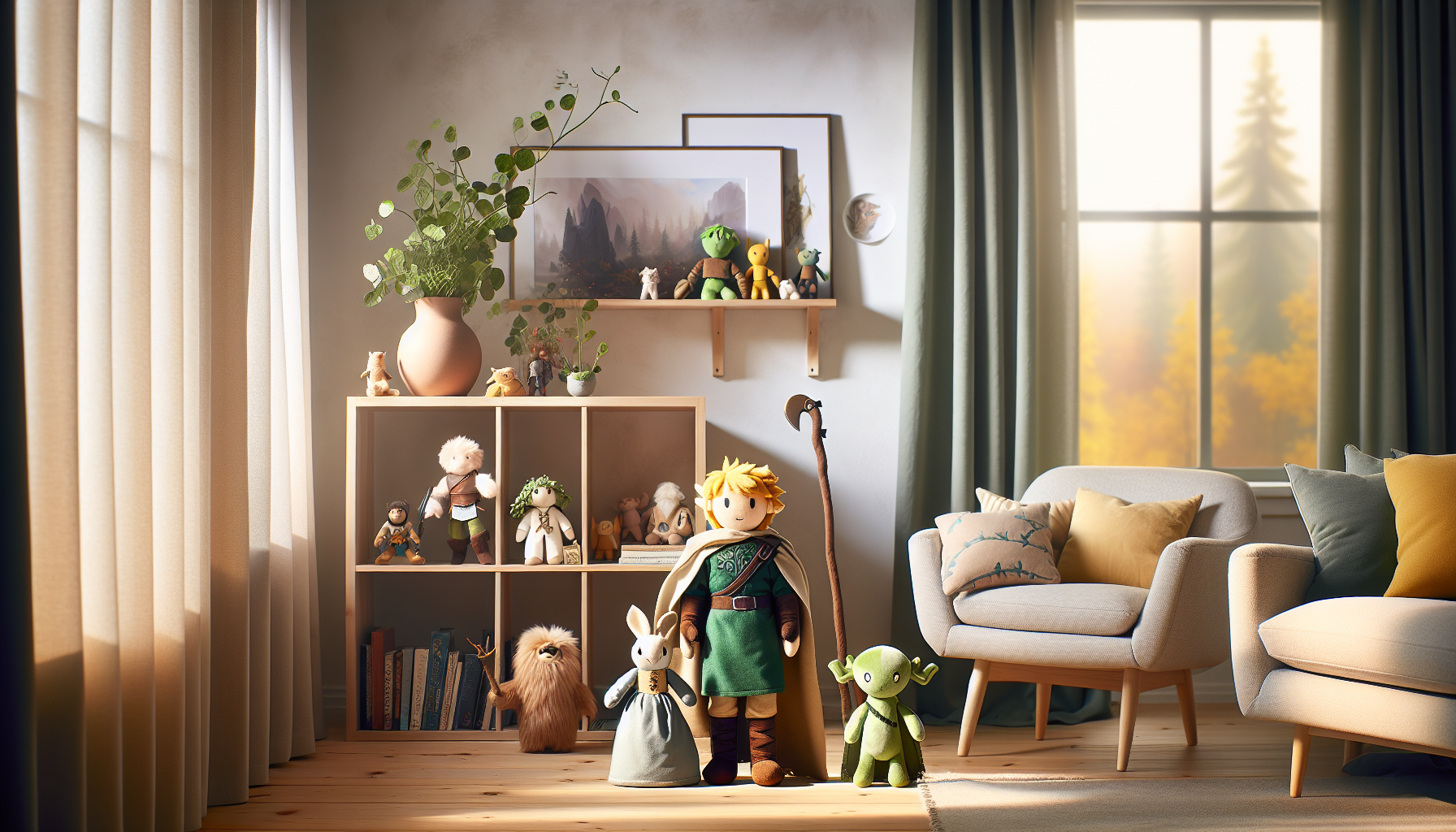 Mysig svensk vardagsrumshörna med fantasy-inspirerade plushies på hylla och fåtölj, samlarvänliga gosedjur i skandinavisk inredning