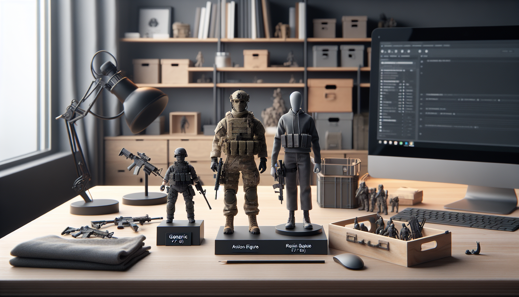 Tre Call of Duty-samlarfigurer i studio: rörlig actionfigur, detaljerad resinstaty och chibi vinylfigur med display case och prislapp.