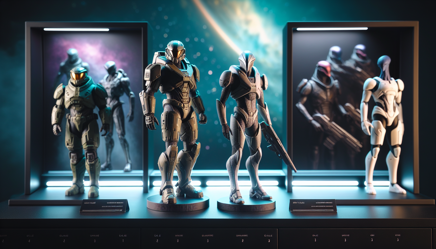 Tre sci-fi samlarfigurer på matt svart hylla med skala- och materialguide, futuristisk nebula-bakgrund och premium studioljussättning.