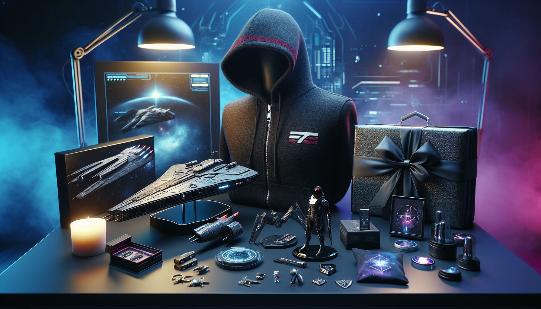 Mass Effect-inspirerad merch på skrivbord: svart hoodie, sci‑fi-rymdskeppsmodell, samlarfigur, pin och nyckelring i neonblå gaminghörna