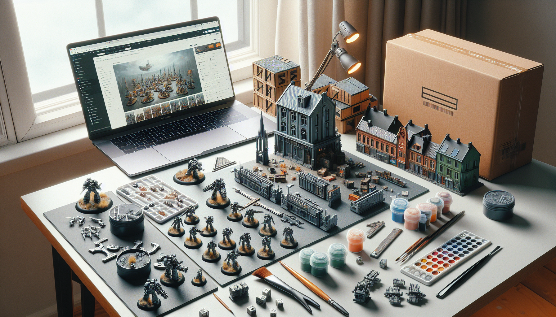 Fotorealistisk wargaming-hobbyhörna med Warcradle-inspirerade miniatyrer, verktyg och terräng på bord, laptop med webbutik i bakgrunden.