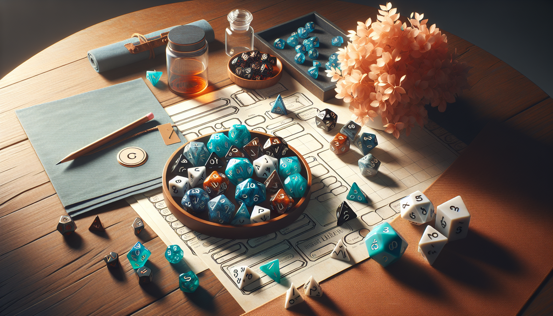Polyhedral RPG dice in multiple colors on a wooden table with a dice tray, dice bag, and character sheet in soft window light.