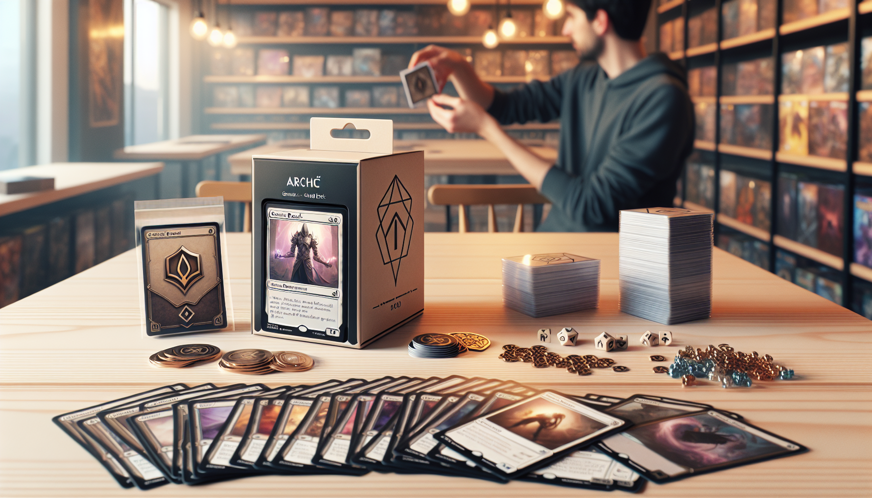 Tabletop-bild i svensk spelbutik: förseglad Archon-kortlek, utspridda kort och tokens medan två spelare spelar fantasy/sci‑fi-kortspel.