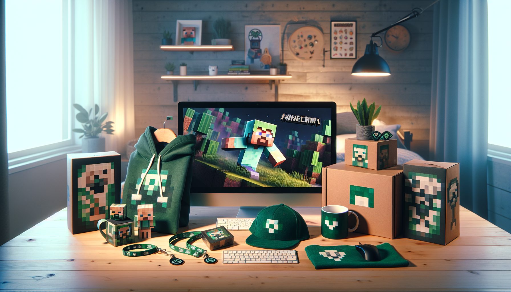 Minecraft merch guide: minimalistisk spelhörna med hoodie, keps, mugg, blockig figur, nyckelring och presentask på skrivbord, skärm med voxelvärld.