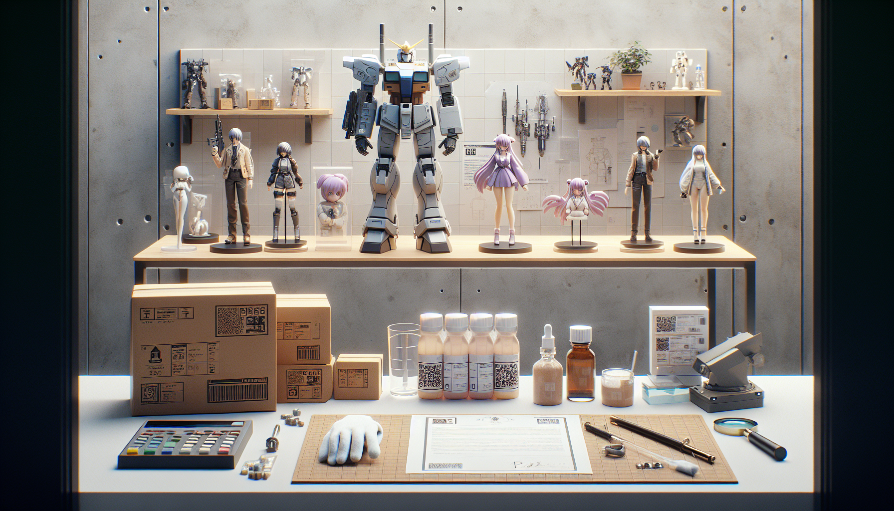 Fotorealistisk samlarhylla med premiumfigurer inspirerade av Xenogears, mecha-modell och verktyg för äkthetskontroll i modern miljö.