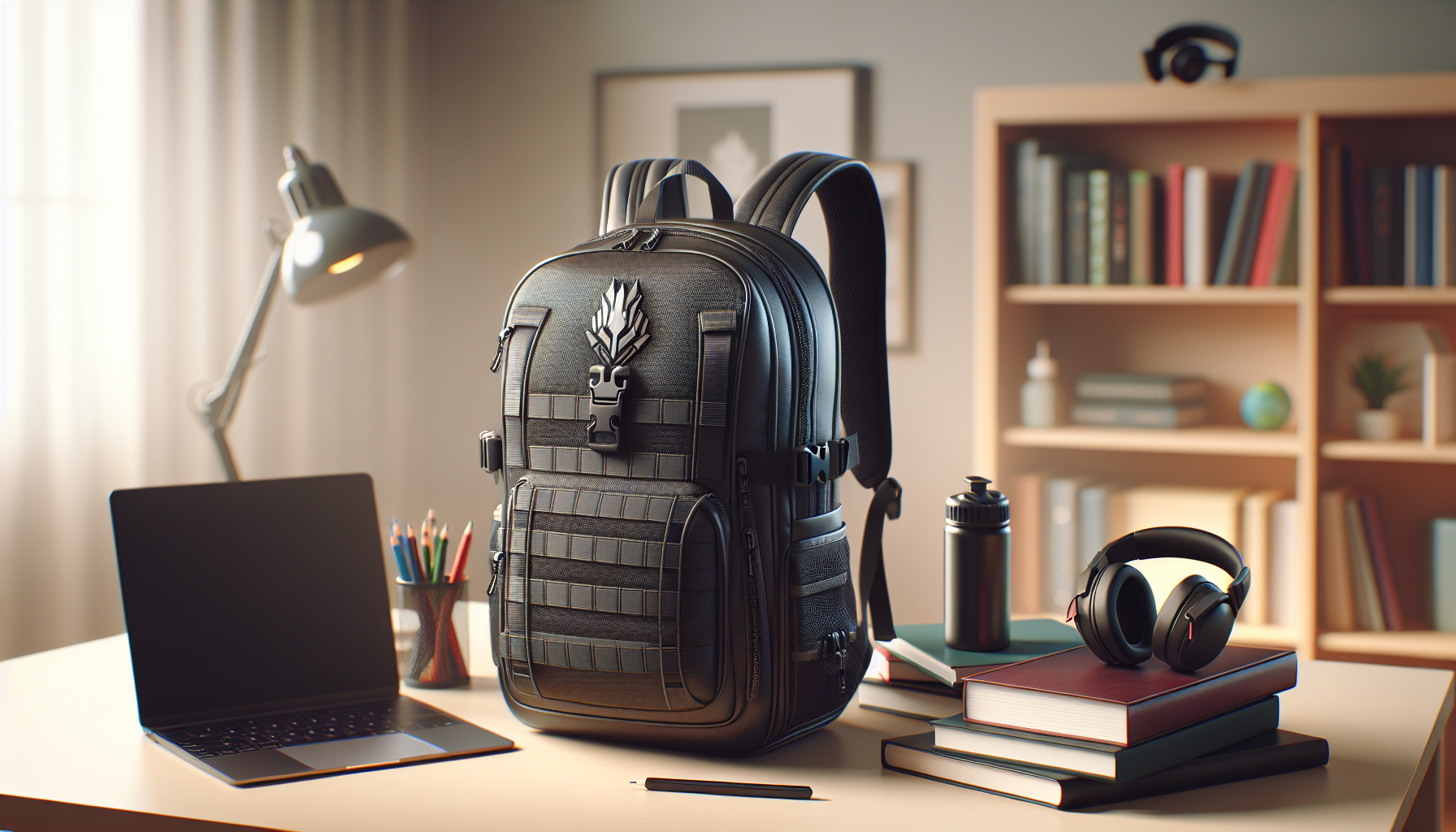 Fortnite-inspirerad gamingryggsäck på skrivbord med laptop, böcker och headset; visar laptopfack, vadderade remmar och slitstark botten.