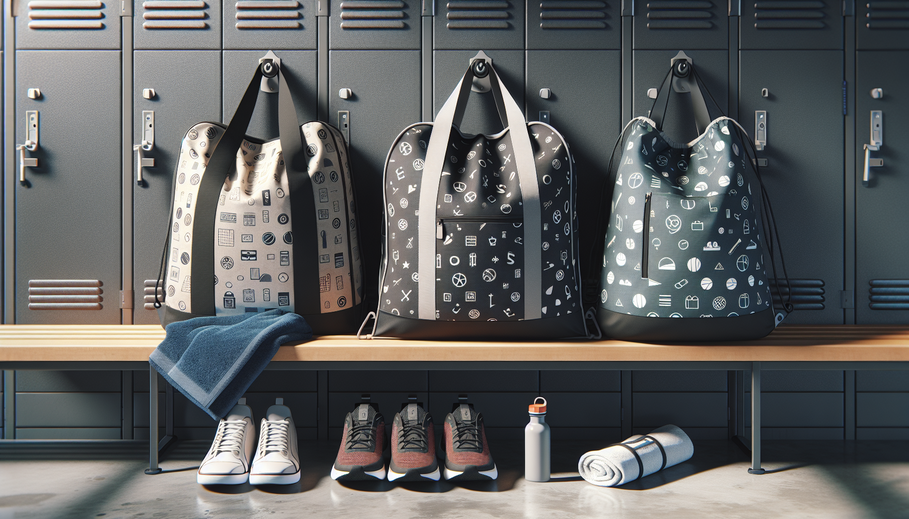 Tre gympapåsar i olika material (canvas, nylon, ventilerad) på bänk i omklädningsrum med skor, handduk och flaska – välj rätt gympapåse.