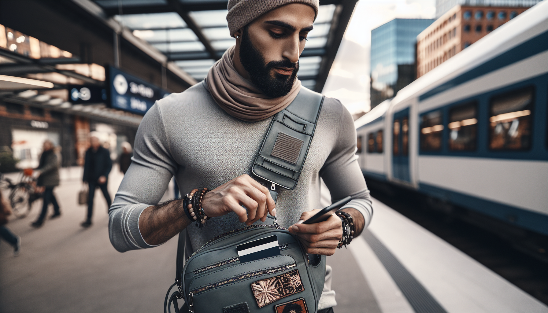 Person i stadsmiljö bär crossbody-axelremsväska med flera fack och säker stängning, snabb åtkomst till mobil – Nerdbutiken.se