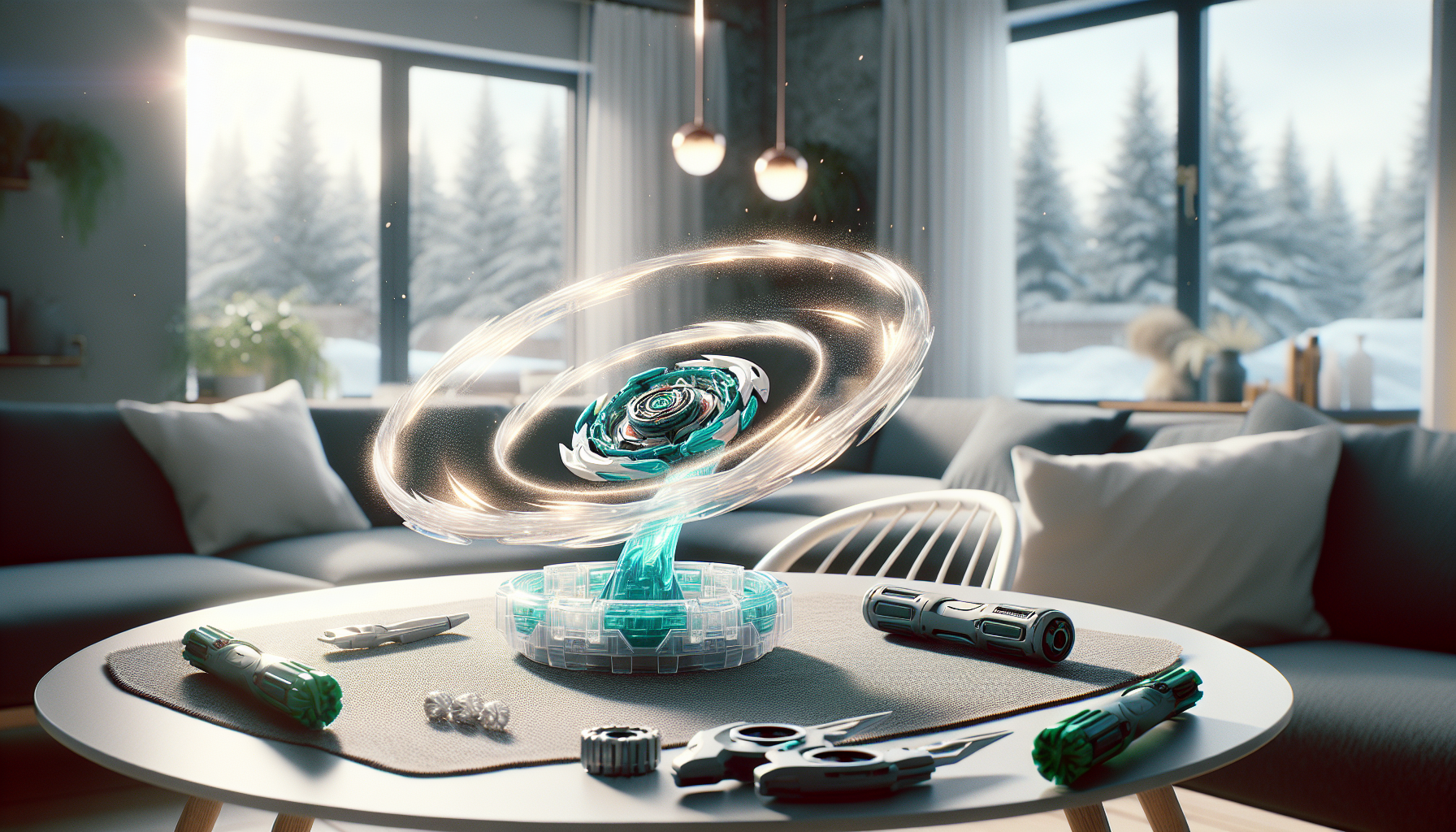 Beyblade-guide: två Beyblades i strid i plastarena på skandinaviskt bord, med launcher och ripcord – klassisk vs modern design, nordisk miljö.