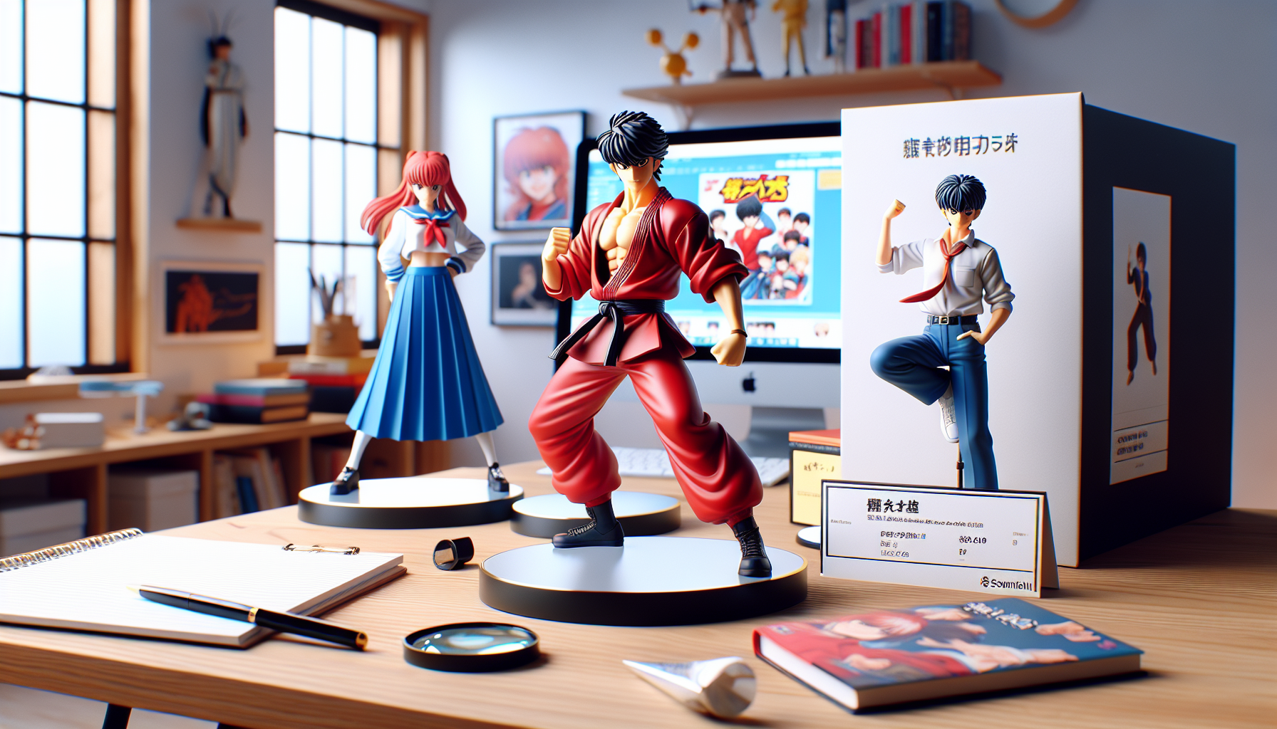 Premium Ranma 1/2-animefigurer på skandinaviskt skrivbord med samlardetaljer och äkthetskontroll, perfekt för samlare i Sverige.