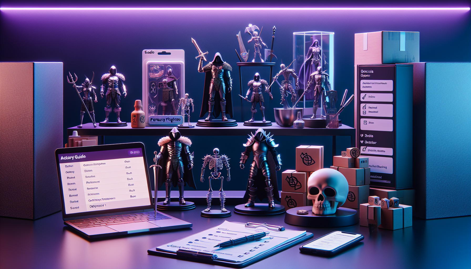 Samlarhörna med fantasyactionfigurer i och ur förpackning, checklista på clipboard och laptop med e‑handel – guide för att köpa och samla MOTU‑figurer.