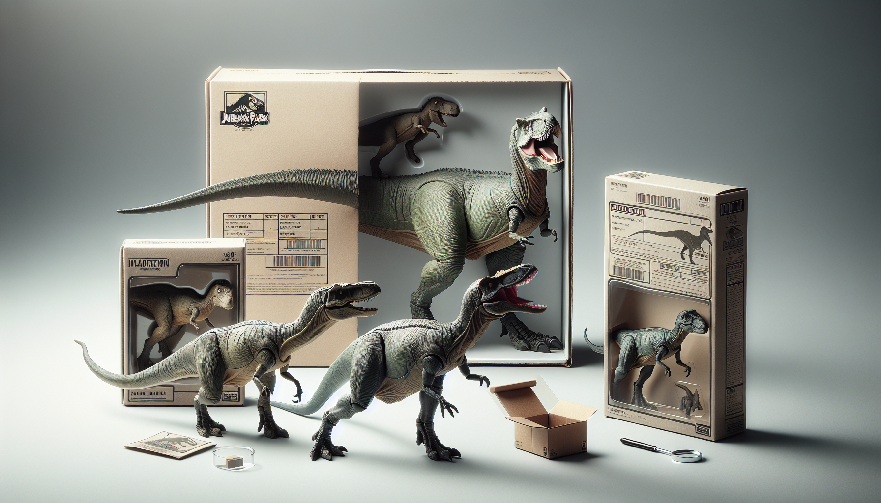 Tre dinosaurie‑actionfigurer för samlare med ny, open box och begagnad förpackning, checklista och prisetikett på ljusgrå bakgrund.