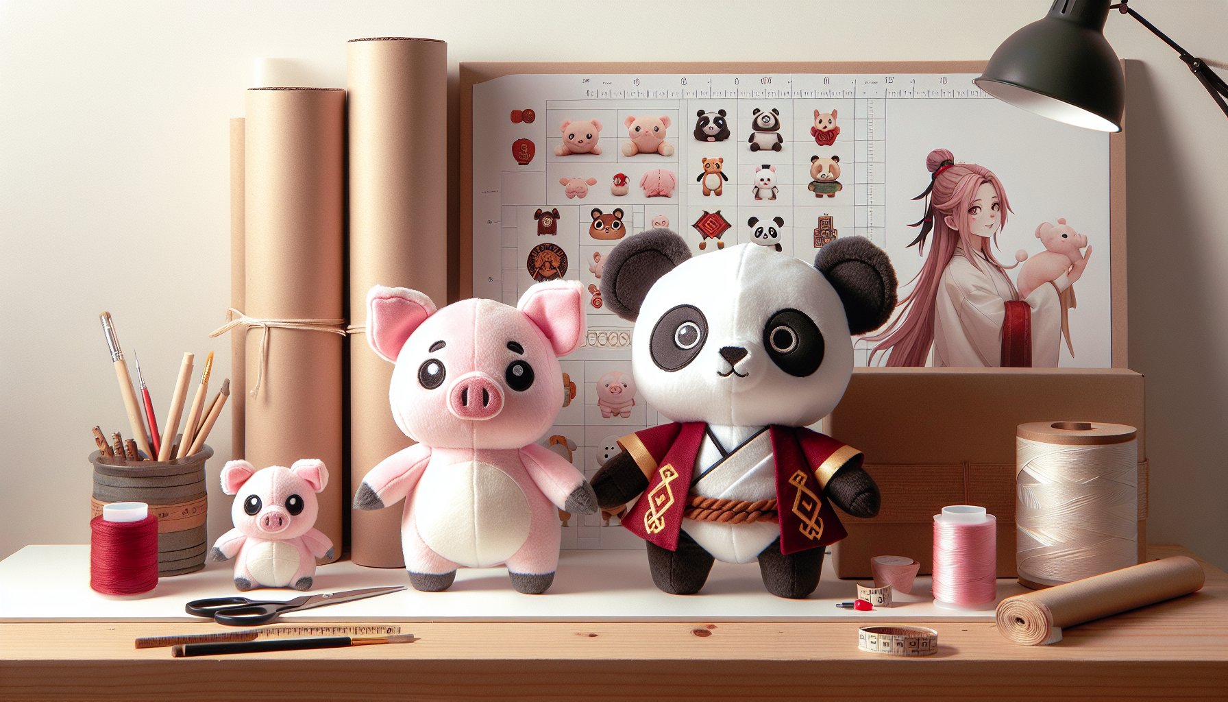 Premium Ranma 1/2-gosedjur på skandinavisk hylla – P-chan, Genma panda och Ranma plush med broderade detaljer, mjukt dagsljus.