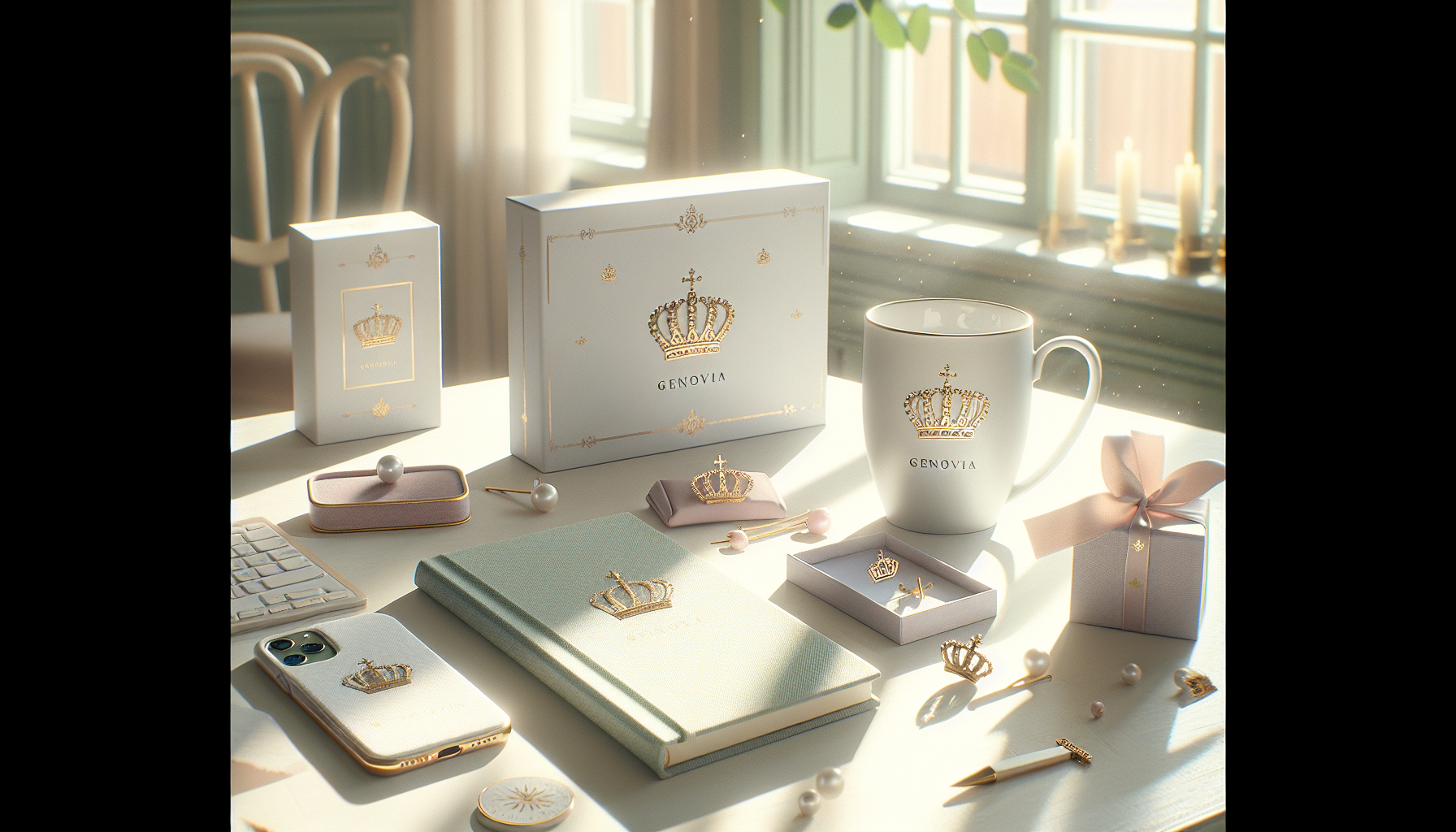 Genovia-inspirerad Princess Diaries-merch på ljust skandinaviskt skrivbord: mugg, pins, anteckningsbok, mobilskal och presentask med SEK-etikett.
