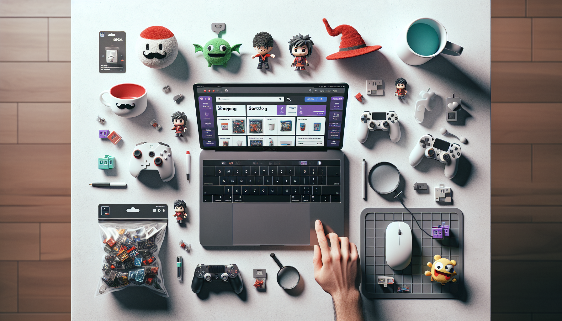 Laptop med webbshop-filter på ljus arbetsyta, Nintendo-inspirerade prylar runtom och hand som sorterar—hero-bild för att hitta merch snabbt.