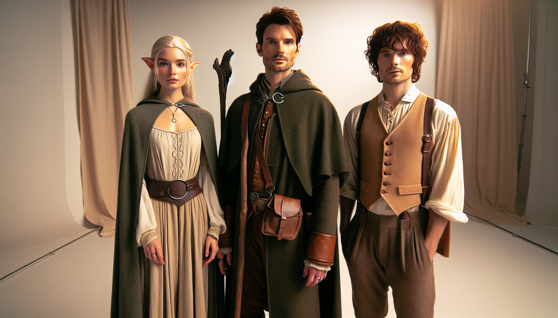 Tre Sagan om Ringen-inspirerade cosplayare i studio: ranger, alv och hobbit med mantel, broderier och accessoarer, modern Midgård-känsla.