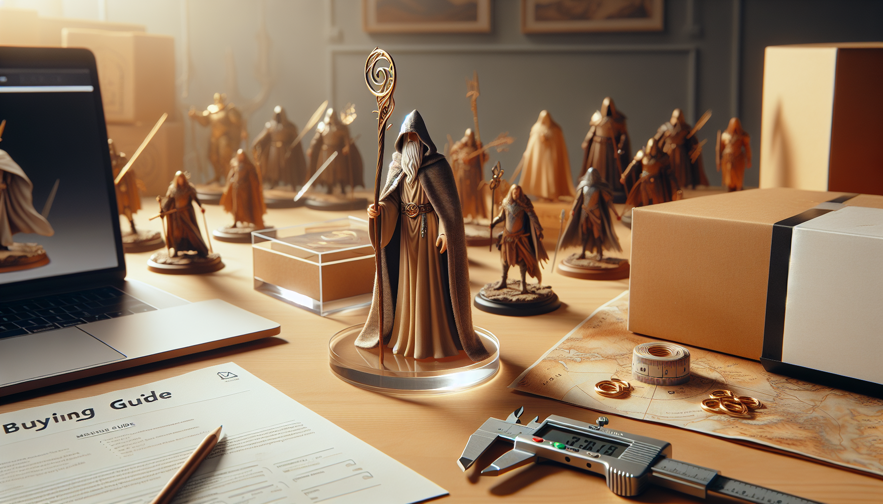 Fotorealistisk samlarfigur av fantasy-trollkarl i ljus studio med köpguide-rekvisita, måttverktyg och e-handel i bakgrund.