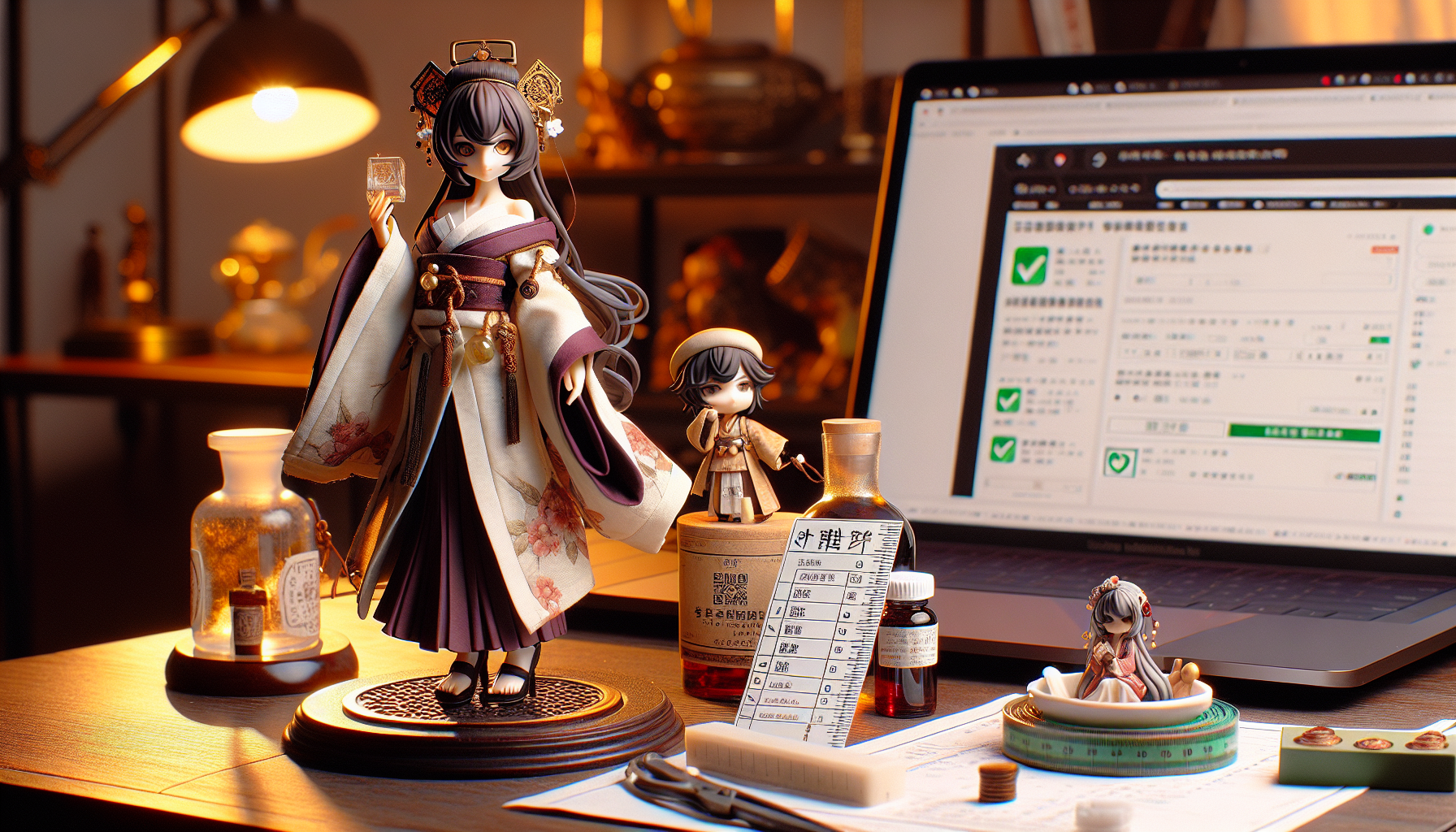 Anime-inspirerade Apothecary Diaries-figurer på skrivbord med linjal, skalaetikett och laptop med “Verified/Authentic” för att undvika bootlegs.
