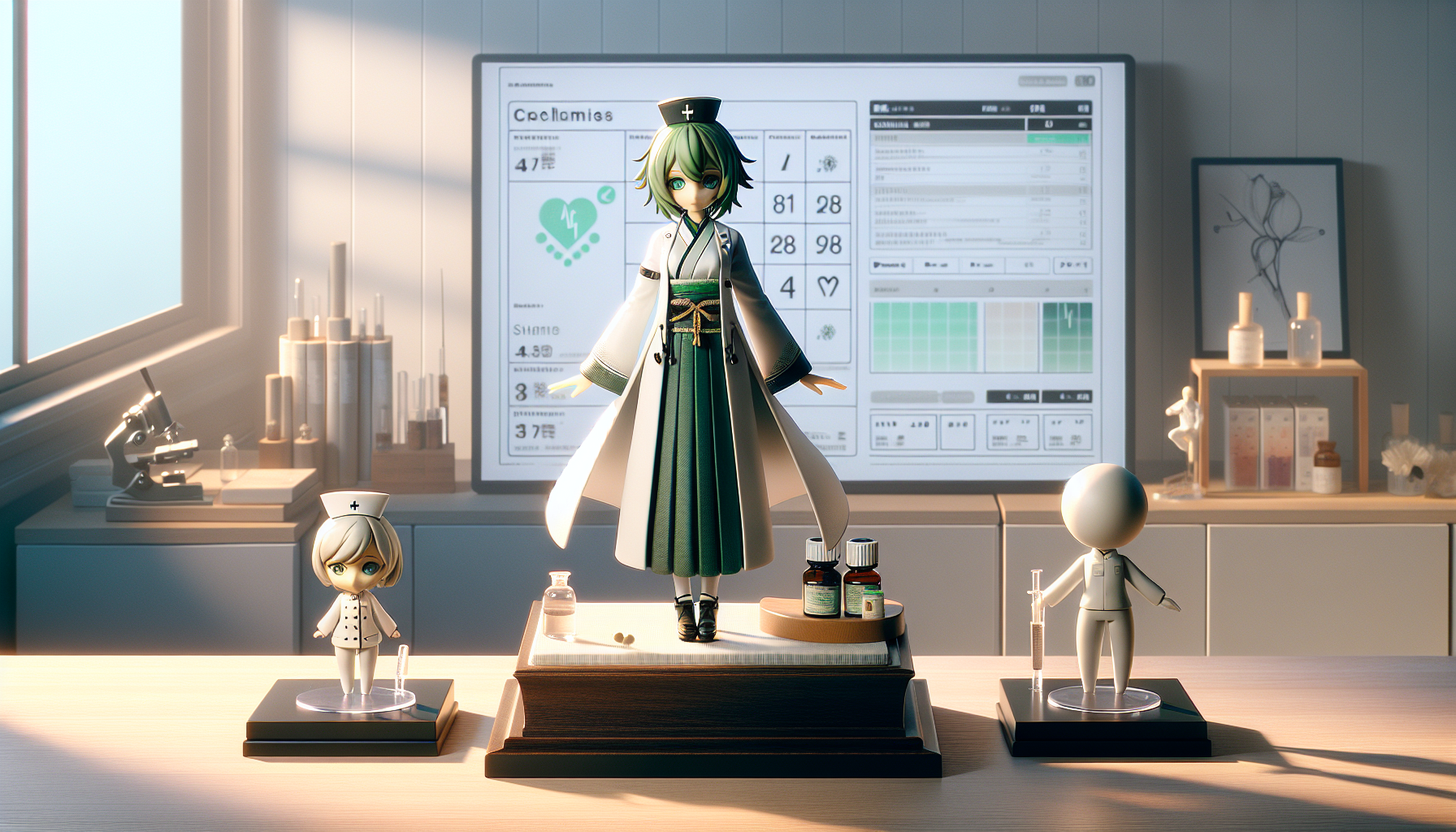 Alt text: **Samlarbord med Maomao-inspirerad Apothecary Diaries-figur, chibi- och prizefigur, checklistkort och prisikon – köpguide för samlarfigurer online**