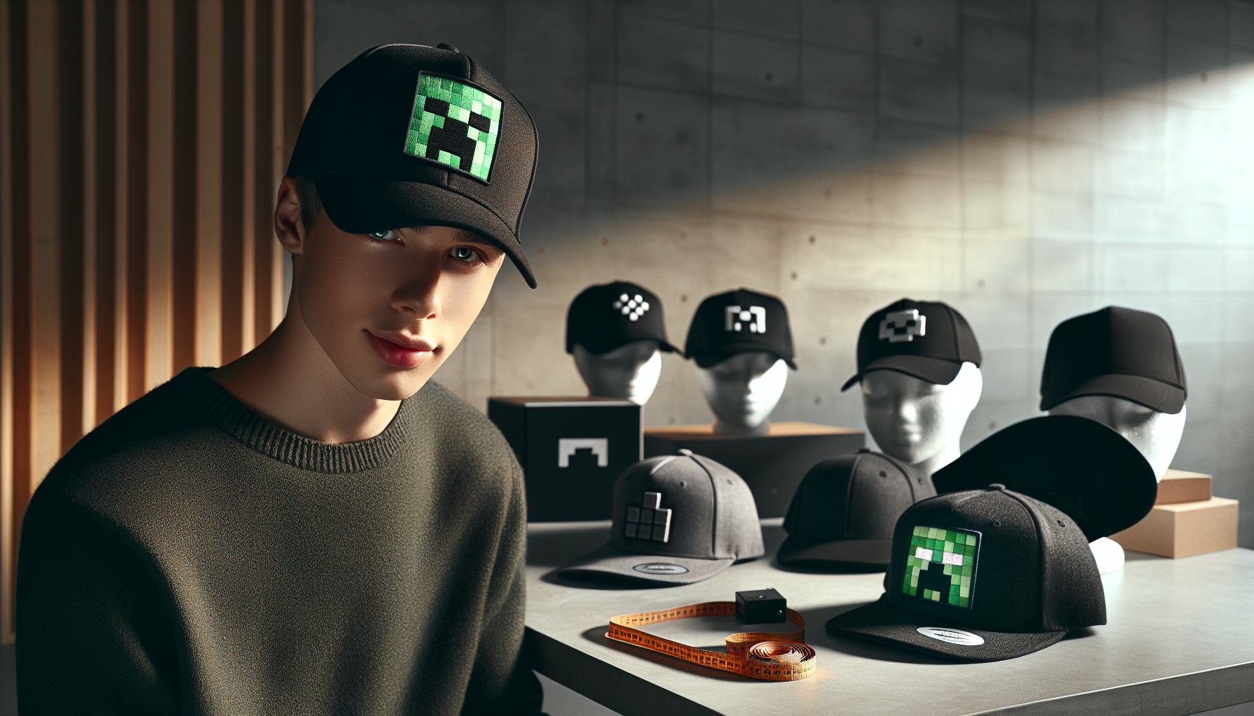 Ung vuxen i svart Minecraft-keps med broderat Creeper-motiv, extra kepsar och måttband på bordet i stilren svensk webbshopmiljö.