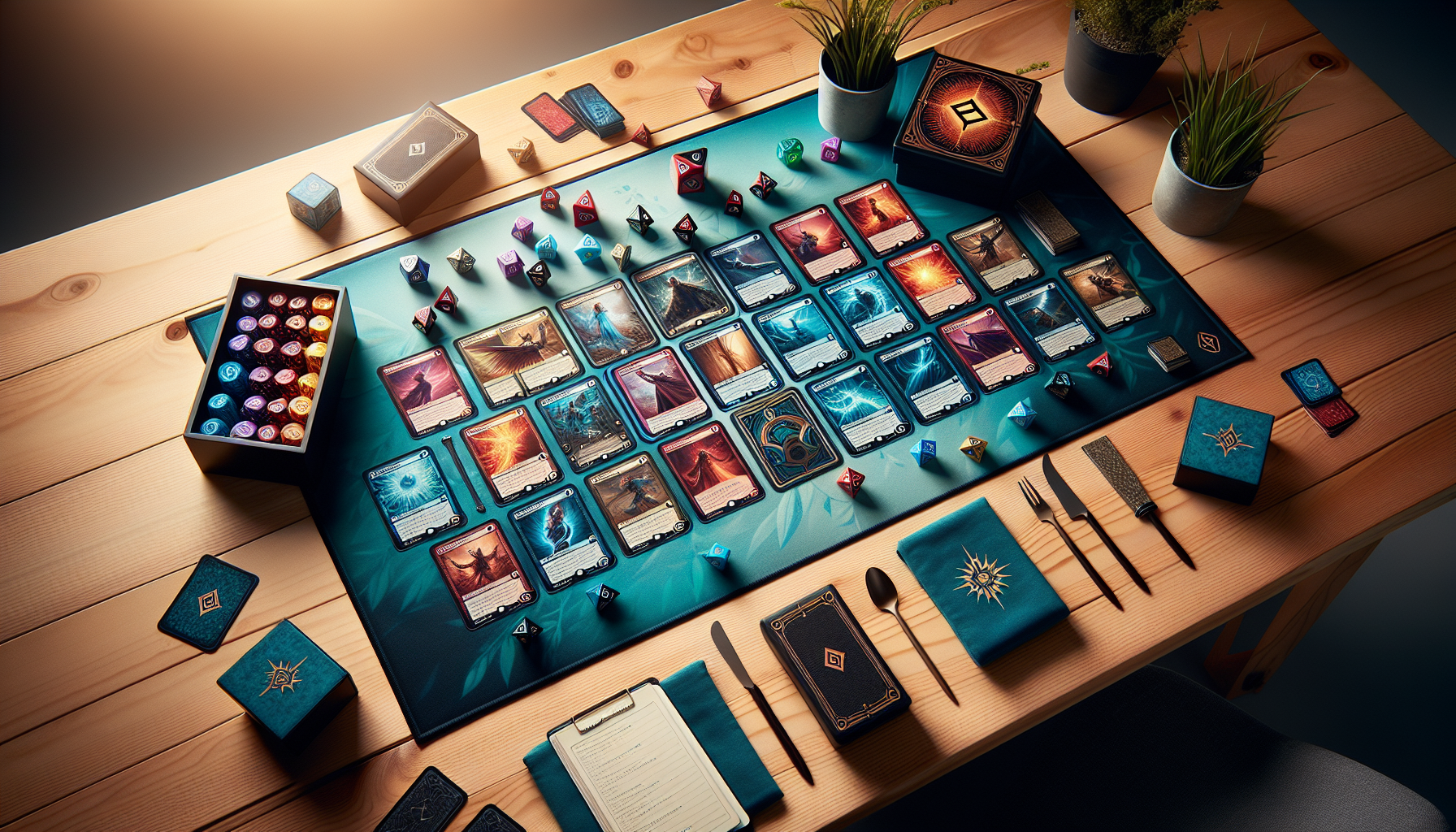 Bordsscen med fantasyinspirerat samlarkortspel: spelmatta, elementtärningar, kort, hand som gör drag, deckbox och sleeves i skandinaviskt dagsljus.