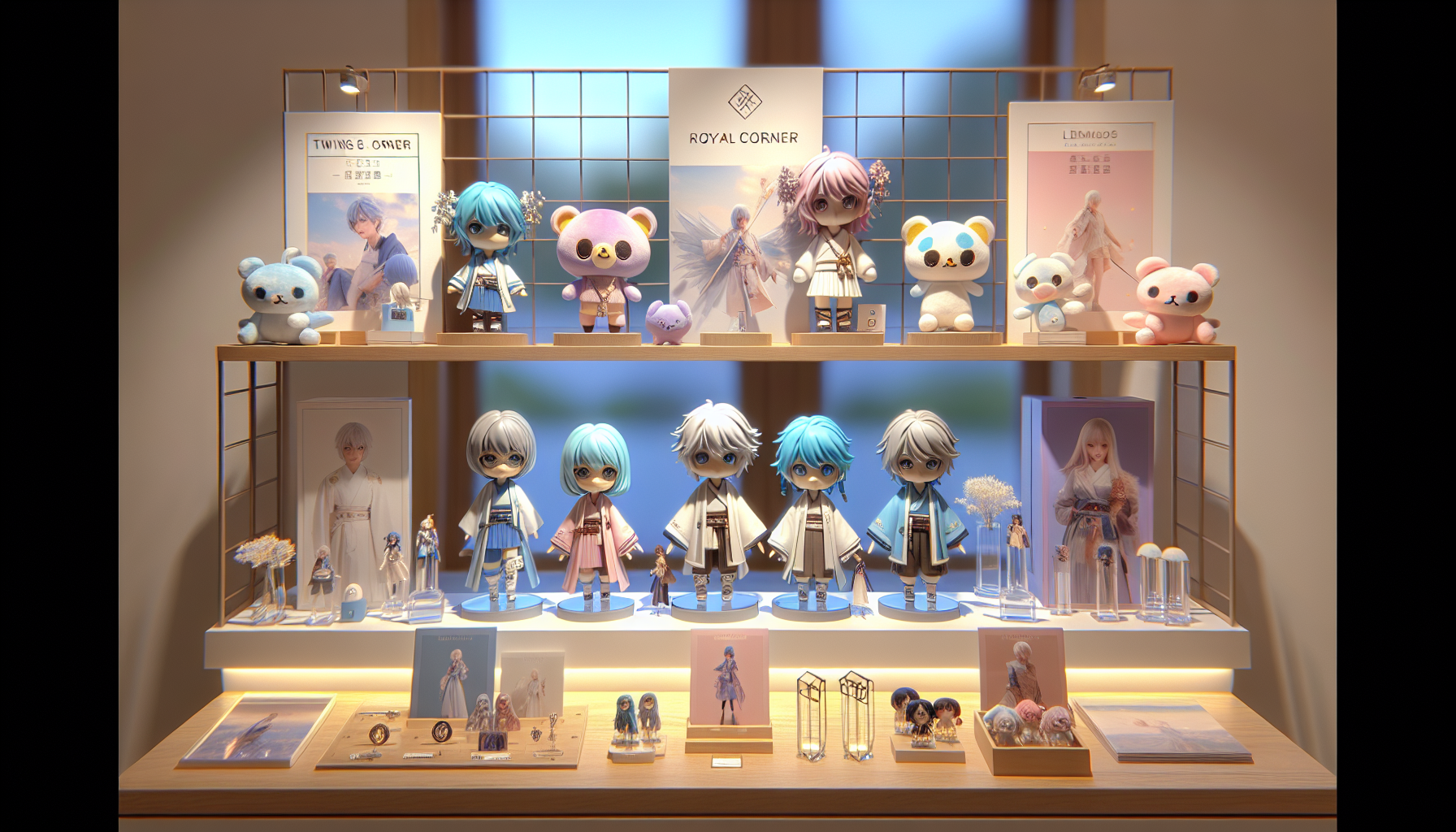 Stilren samlarhylla med animeinspirerade Re:Zero-figurer, plushies och tillbehör, varm LED-belysning och skandinavisk e-handelskänsla.