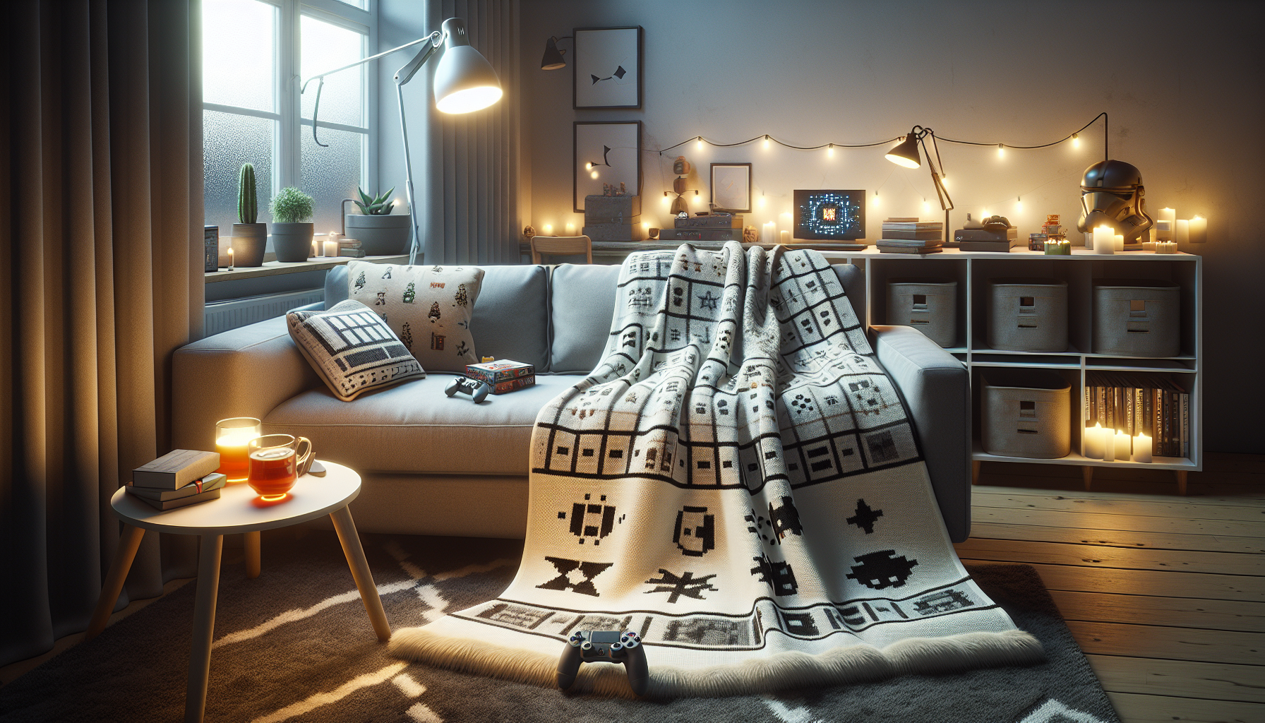 Modern nordisk gaminghörna med fluffig filt och vikt täcke, nördkulturmönster, kopp kakao och spelkontroll i varm kvällsbelysning.