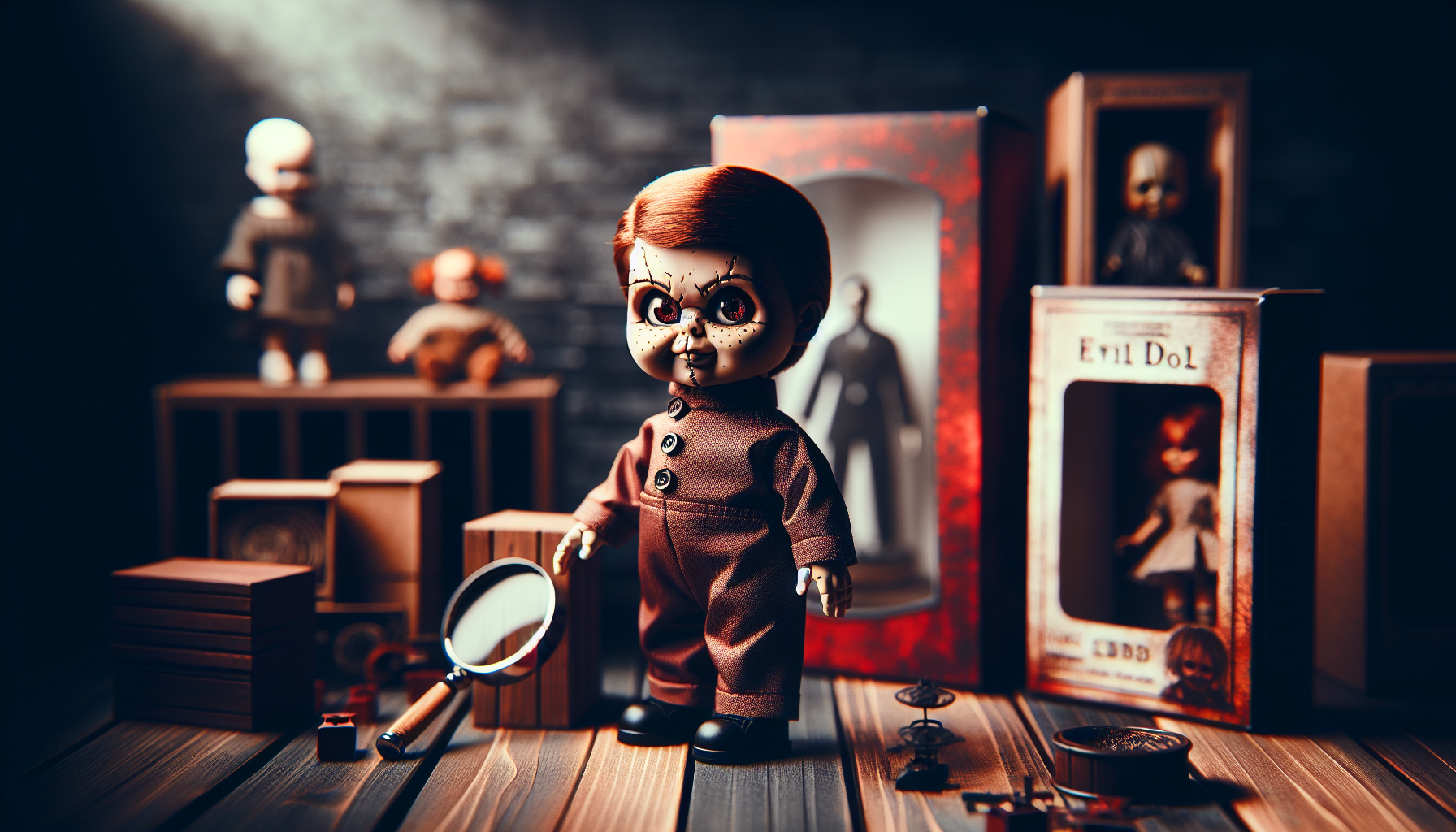 Fotorealistisk samlarfigur av ond skräckdocka med knappögon på mörk trähylla, dramatisk belysning och bokeh i modern samlarhörna.
