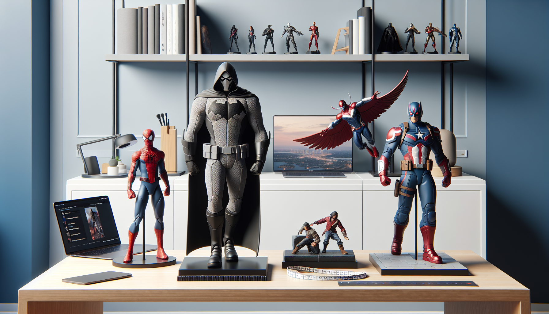 Samlarhylla i hemmakontor med DC-inspirerade Batman-, Superman- och Wonder Woman-figurer i olika skala, måttband och laptop med webbshop.