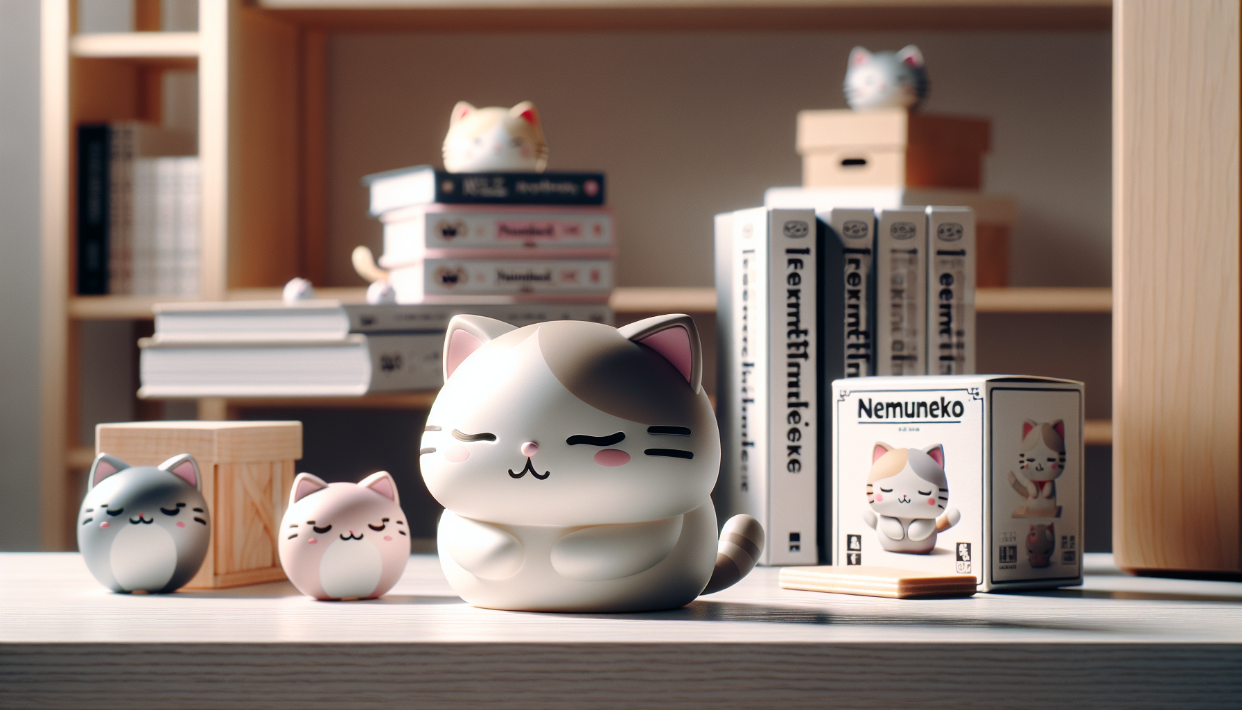 Kawaii Nemuneko kattfigurer på minimalistisk hylla i skandinavisk miljö, mjukt dagsljus och manga i bakgrunden – samlarguide Nerdbutiken.se