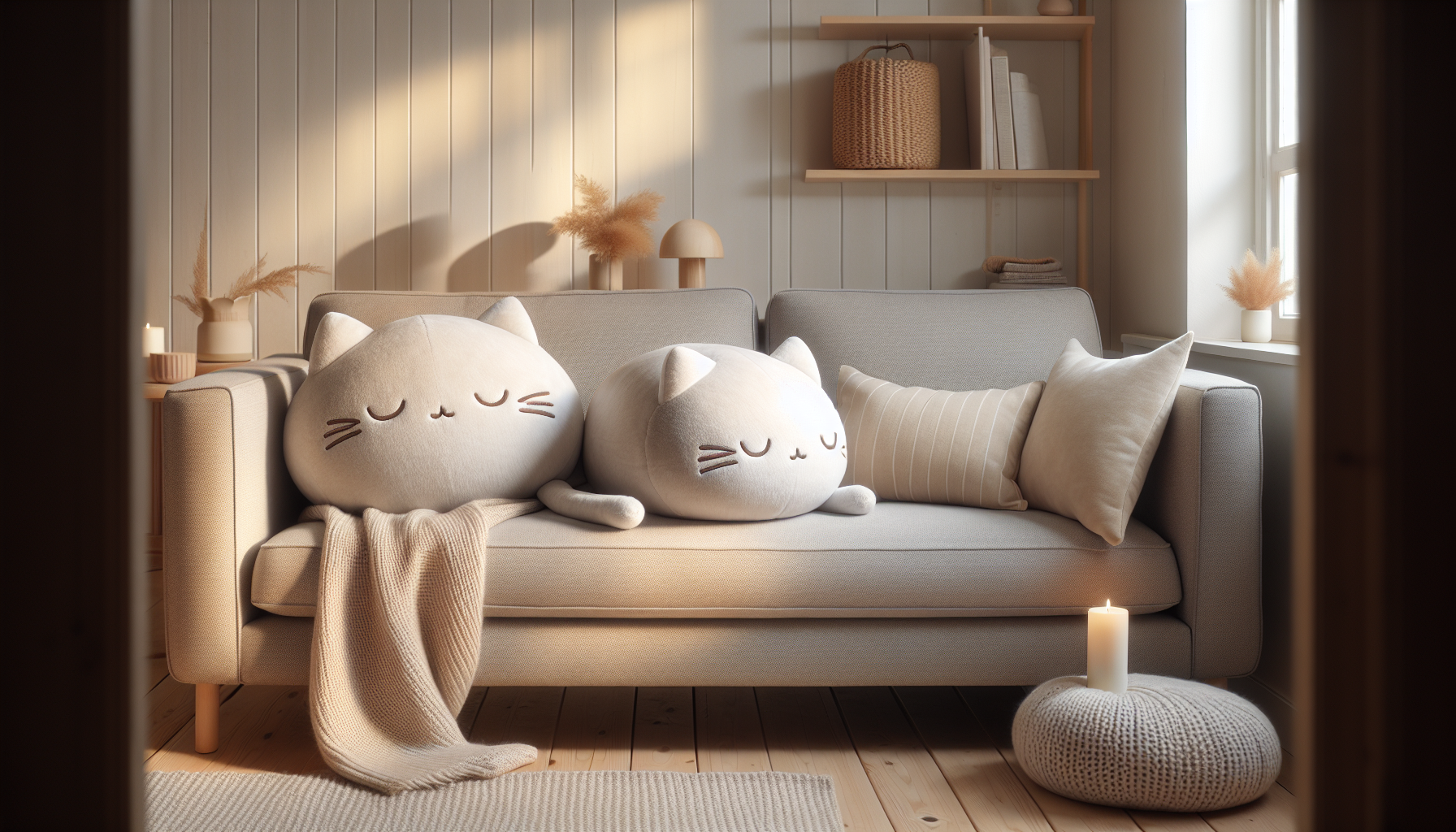 Kawaii sovande kattgosedjur i två storlekar på skandinavisk soffa, mjuk minky-fleece, varm dagsljus och nordisk inredning.