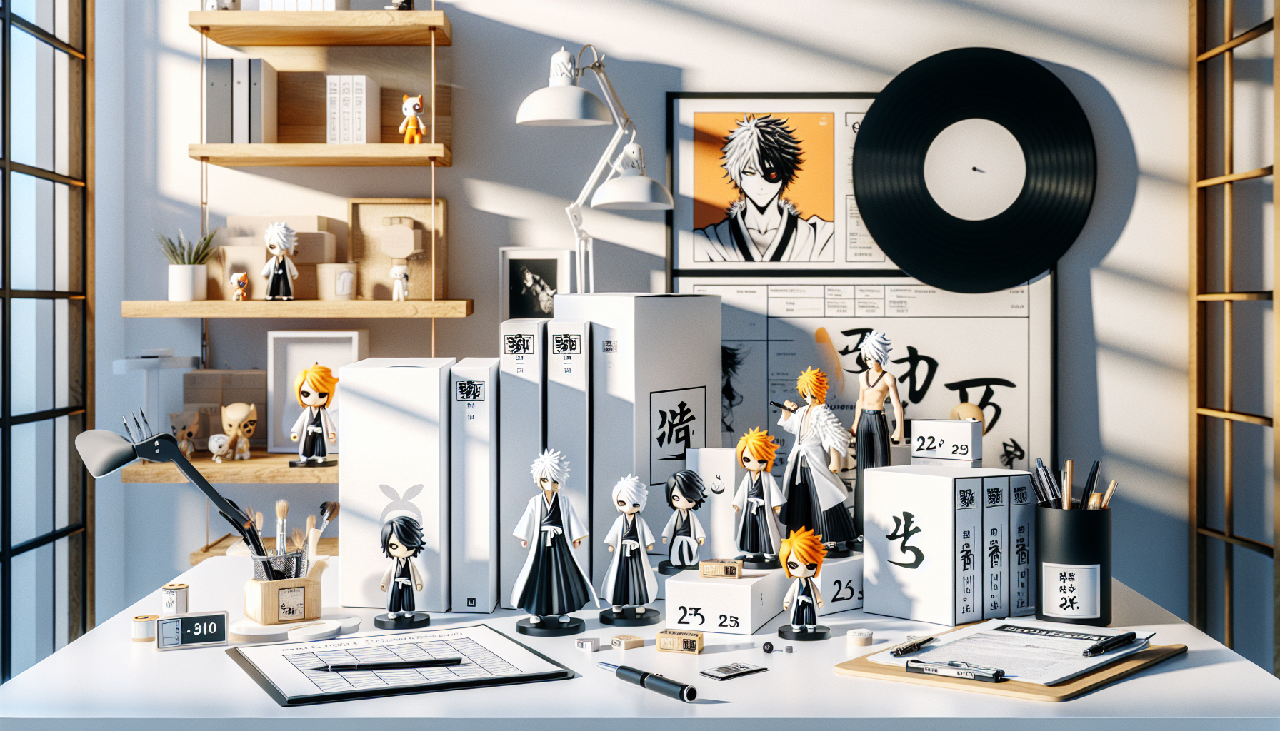 Photorealistic collector's shelf with Bleach-inspired Funko Pop vinyl figures, boxed and unboxed, in a bright studio for a Swedish webshop.