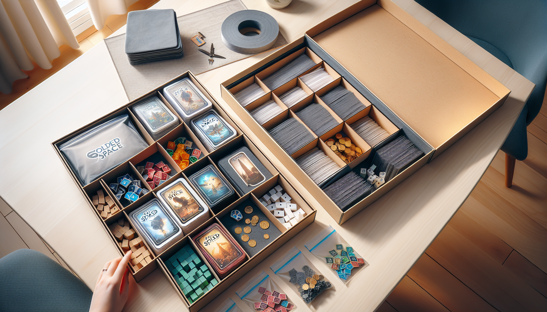 Folded Space spelinsats i öppet brädspelslåda med sorterade kort och tokens, hand som placerar kortlek – snabb setup, zip-påsar vid sidan.