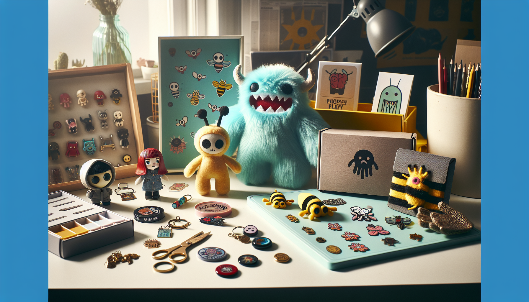 Poppy Playtime-inspired merch on desk: blue monster plush, retro doll, Catbee keychain, and robot figure in premium product photo.