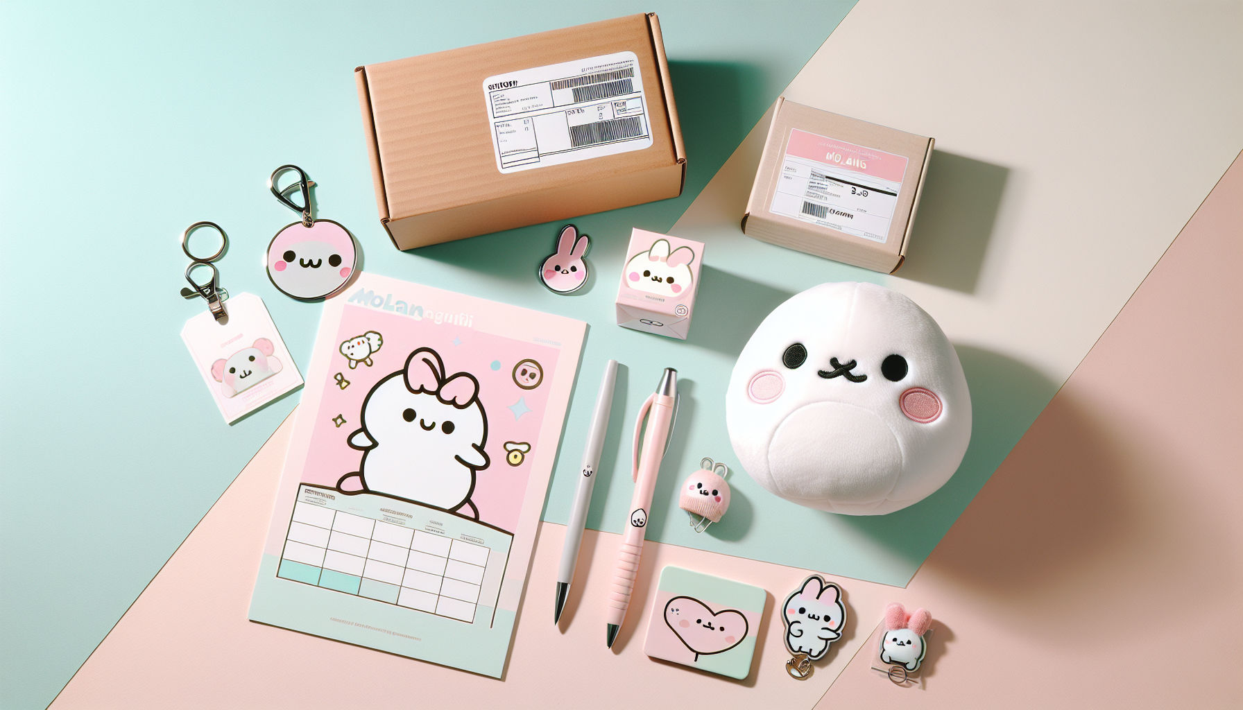 Molang merchandise på pastellfärgat skrivbord: mjukt Molang-gosedjur med nyckelring, penna, anteckningsblock och presentbox, e-handelsdetaljer.