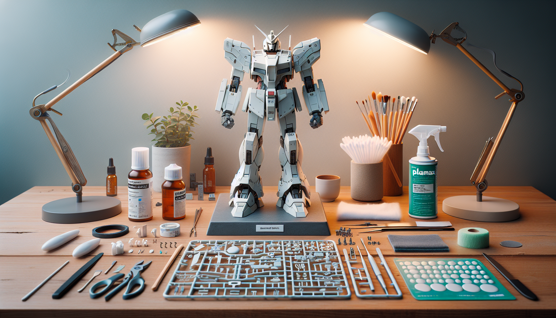 Fotorealistiskt hobbyarbetsbord i skandinavisk stil med Plamax mecha-modell på displaystand och byggverktyg för smarta byggtips och finish.