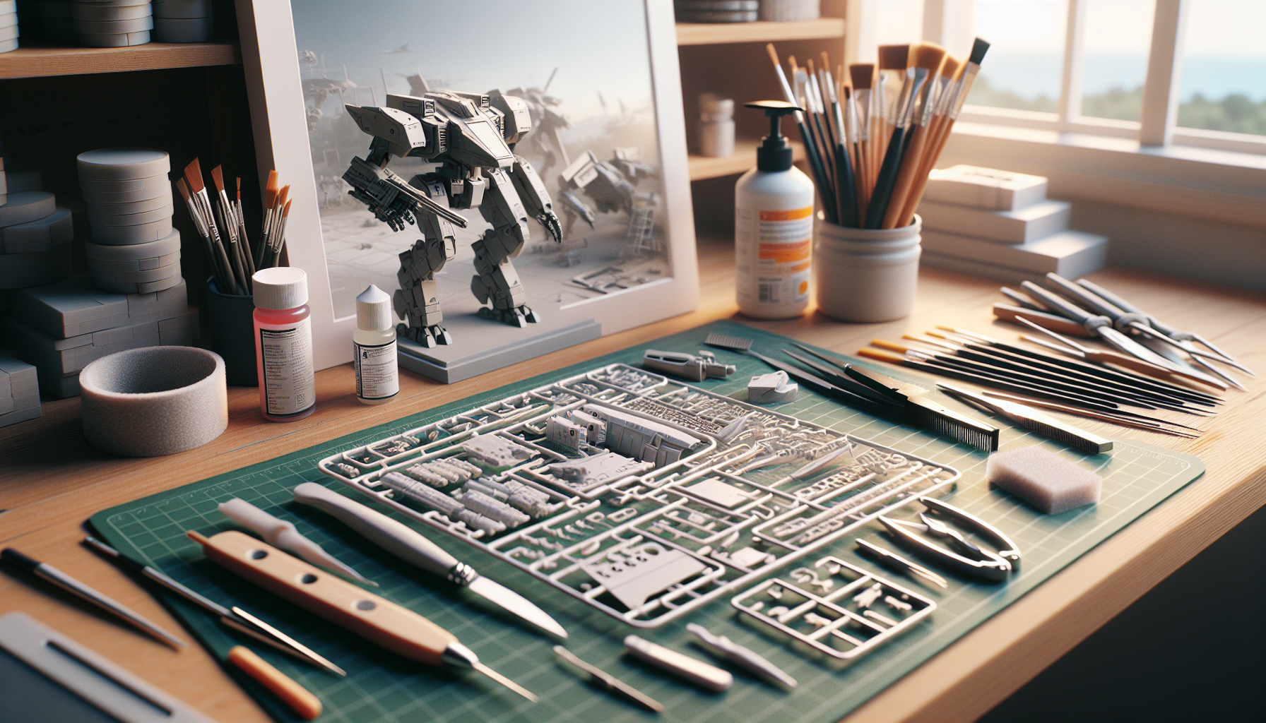 Halvmonterat sci‑fi modellkit på modernt hobbybord med verktyg, sprue, lim och färg i dagsljus – guide till byggsatser och rätt verktyg.