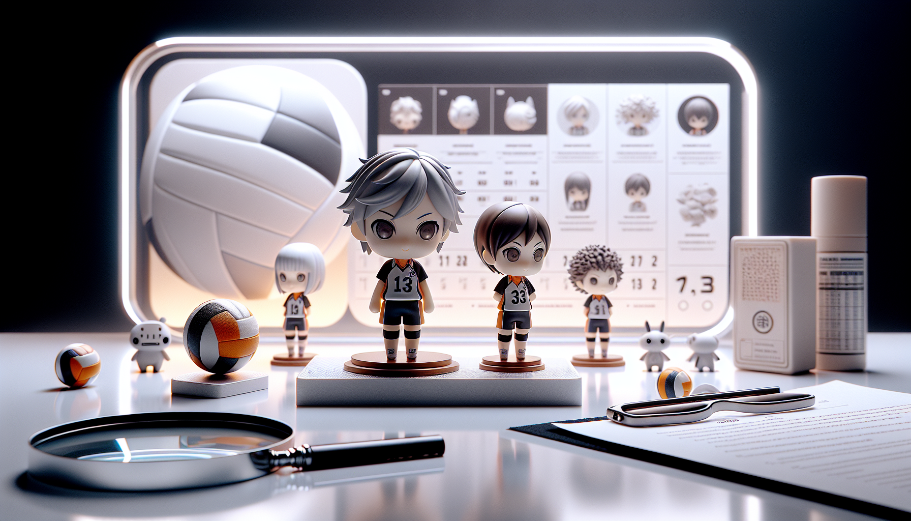 Jämförelse av Nendoroid-, scale- och prize-figurer på vit hylla med äkthetscheck, förstoringsglas och volleybolltema – guide Haikyuu-figurer
