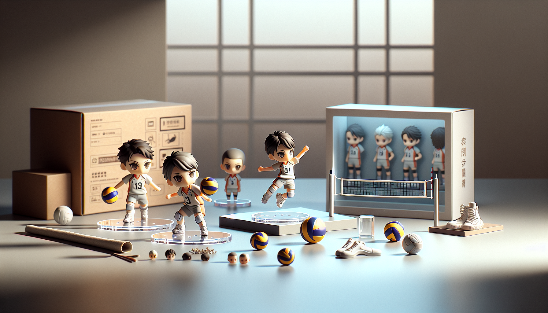 Tre Nendoroid-liknande volleybollfigurer med utbytbara delar på skrivbord, samlarsetup med displaybox och fraktkartong, Haikyu-inspirerad.