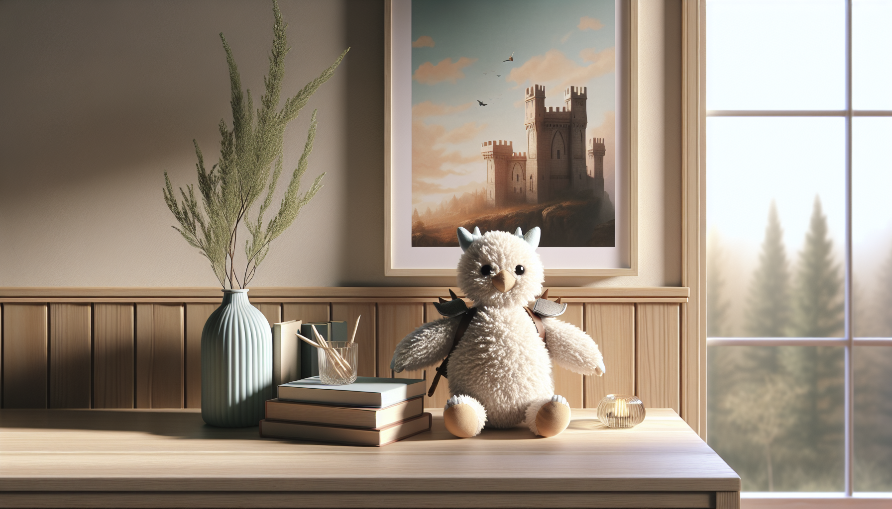 Fotorealistiskt “Castle in the Sky”-inspirerat Laputa-gosedjur på ljust träbord i skandinavisk inredning, med mjuk fönsterbelysning.