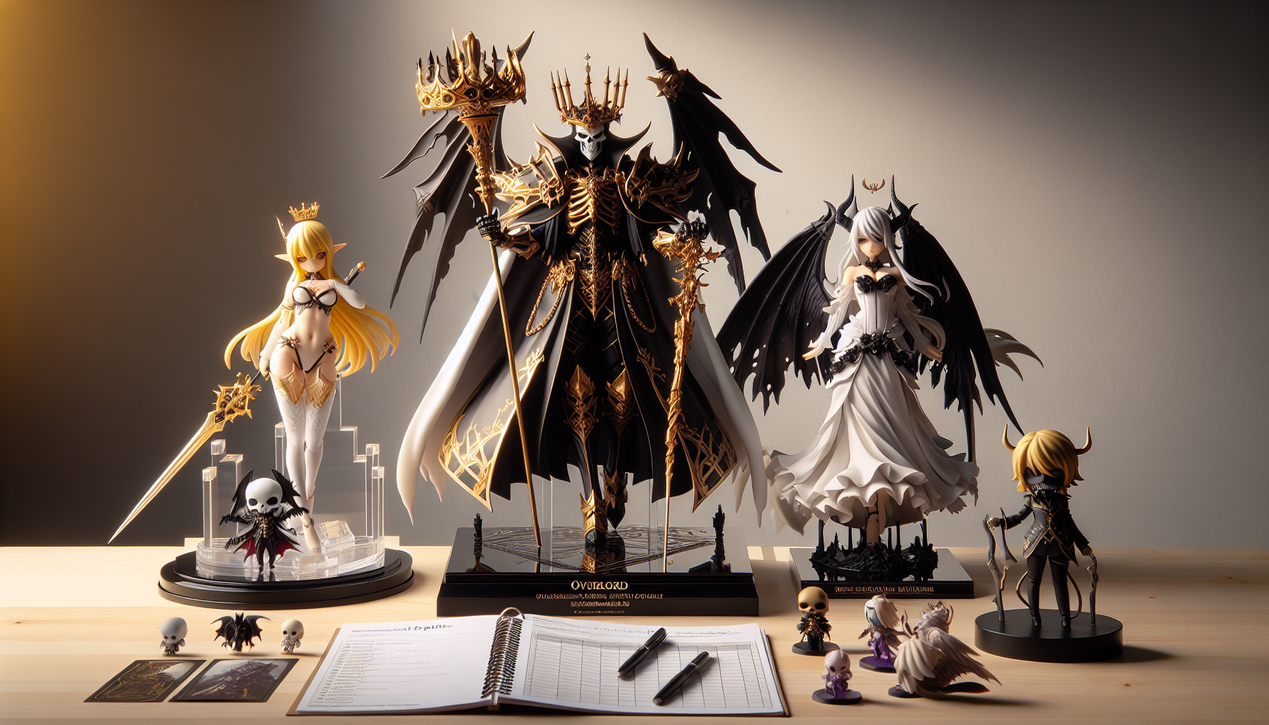 Premium animefigurer på modern samlarhylla: skelett-lich och succubus med tillbehör, prislappar och preorder-låda, negativ yta för rubrik.