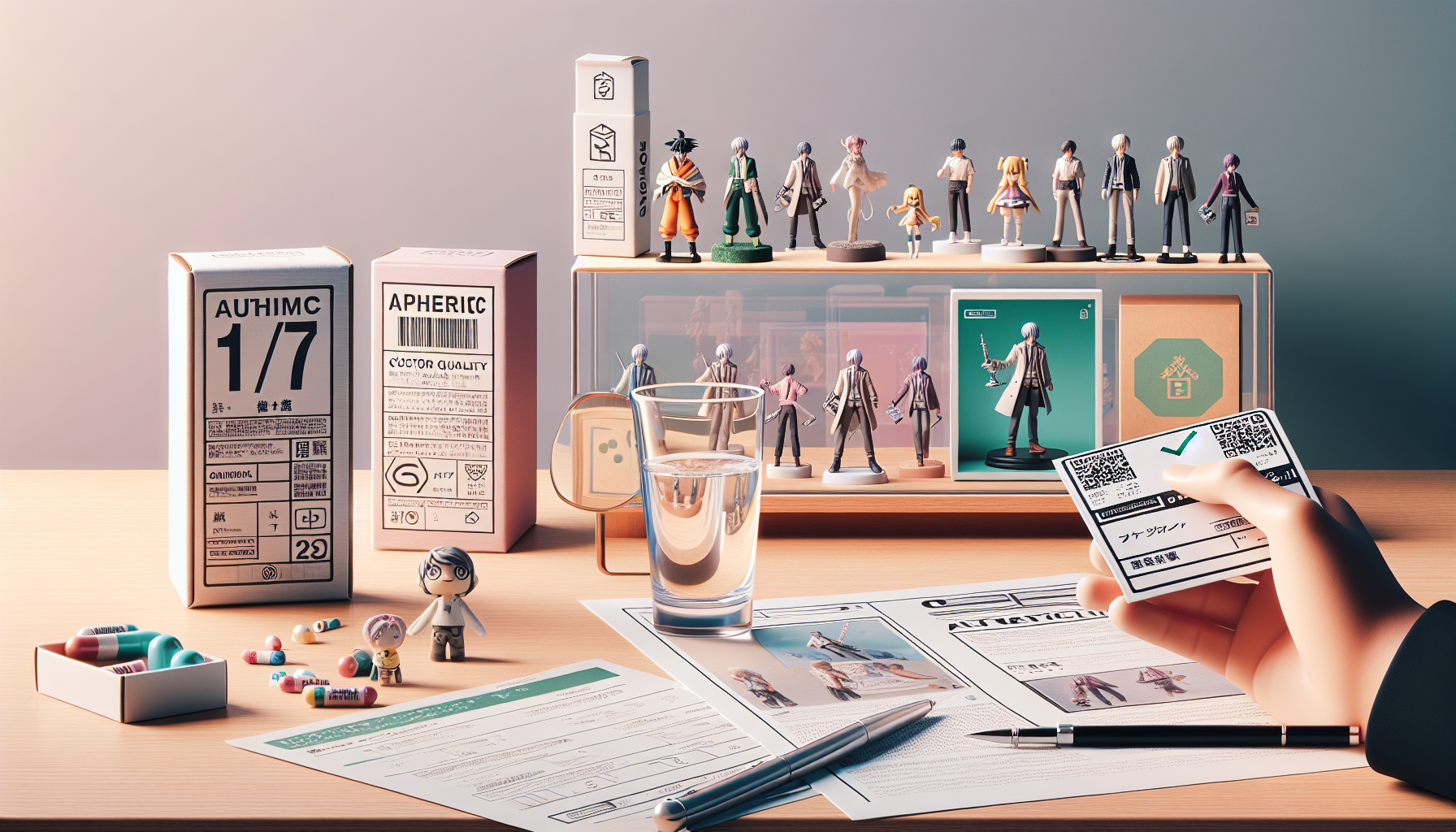 Hand comparing premium and prize anime figures in glass display case, 1/7 scale, hologram for authenticity and magnifying glass for secure online purchase.