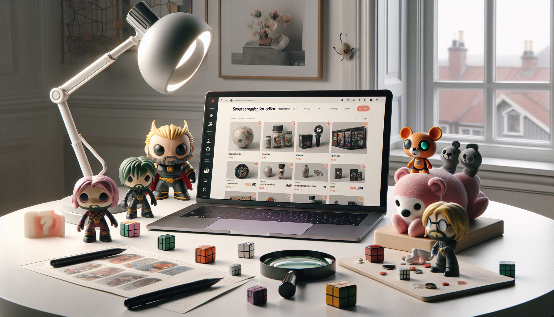 Skandinavisk e-handelsscen med laptop och Jazwares-inspirerade samlarfigurer och plush, filter för i lager/slut i lager och prisjämförelse.