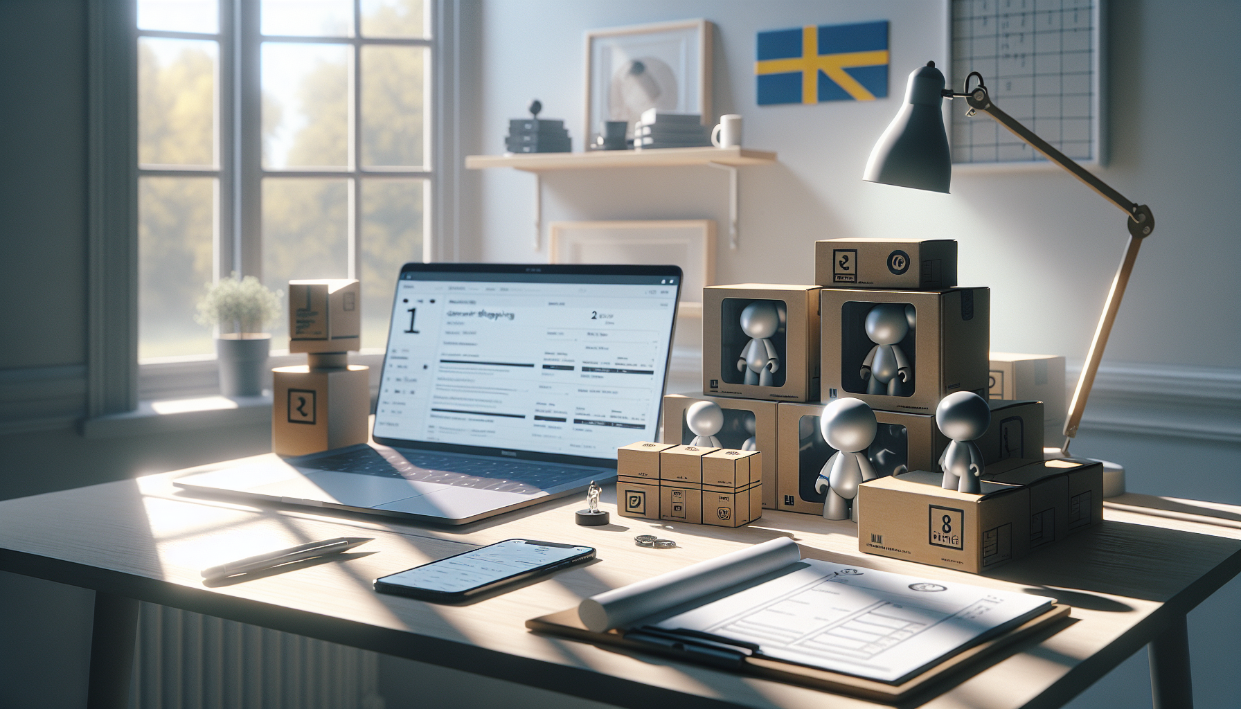 Youtooz-vinylfigurer på skandinaviskt skrivbord med laptop, mobil och fraktlåda, svensk flagga i bakgrunden – köp i Sverige via Nerdbutiken.se