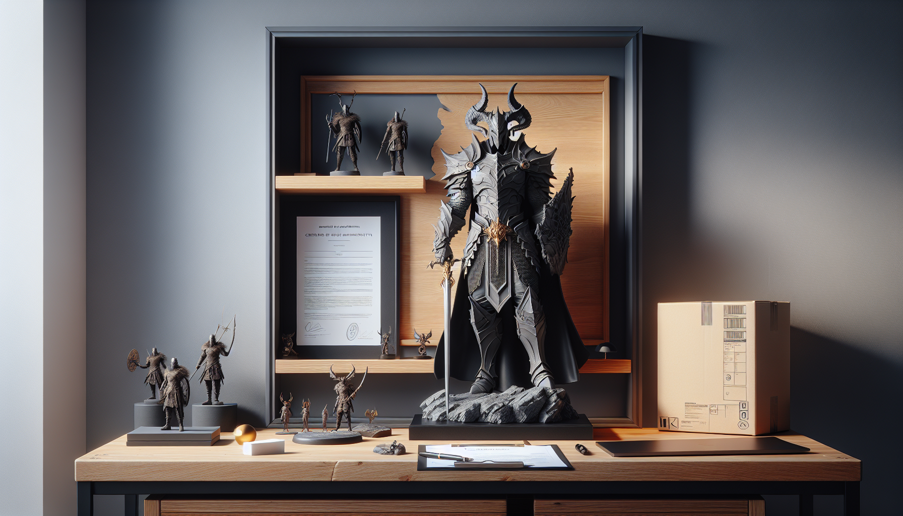 Premium fantasyfigur i resin på modern samlarhylla med COA och limited edition-detaljer, filmisk belysning i skandinaviskt kontor.