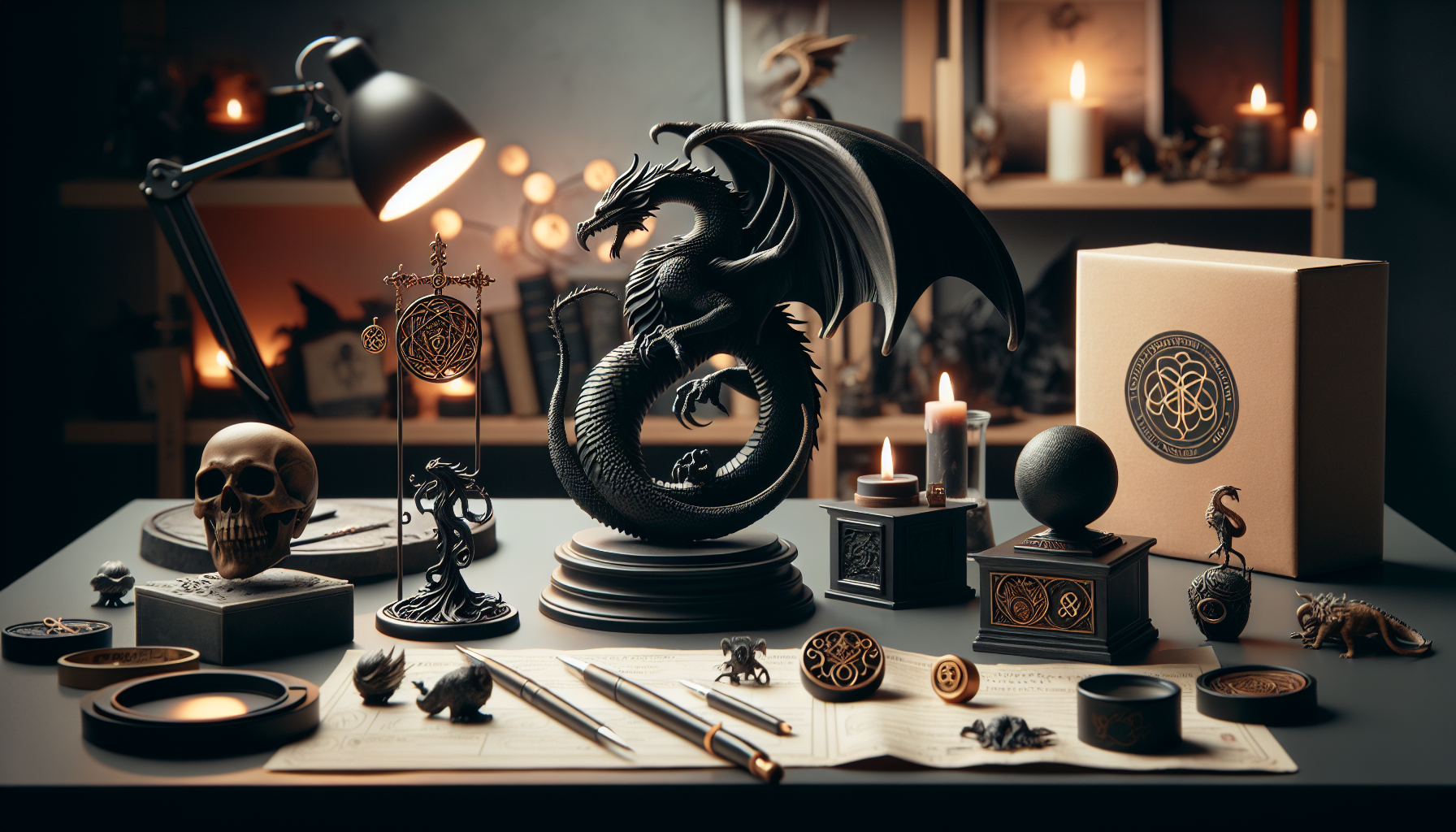 Nemesis Now-inspired resin collectibles on a dark table, dragon, skull and raven with safe purchase props in a home studio.