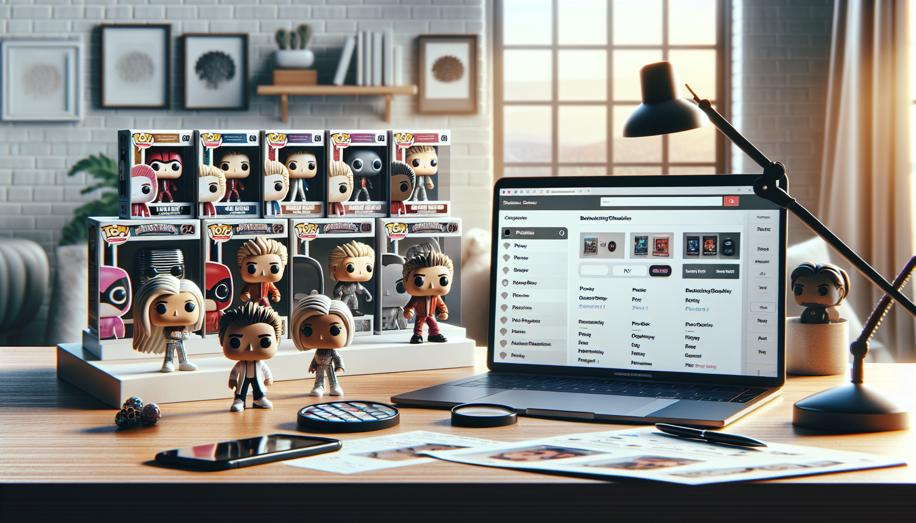 Funko Pop-inspired collectible figures in window boxes on a Nordic desk with a laptop and mobile for pre-order, authenticity check, and protective plastic